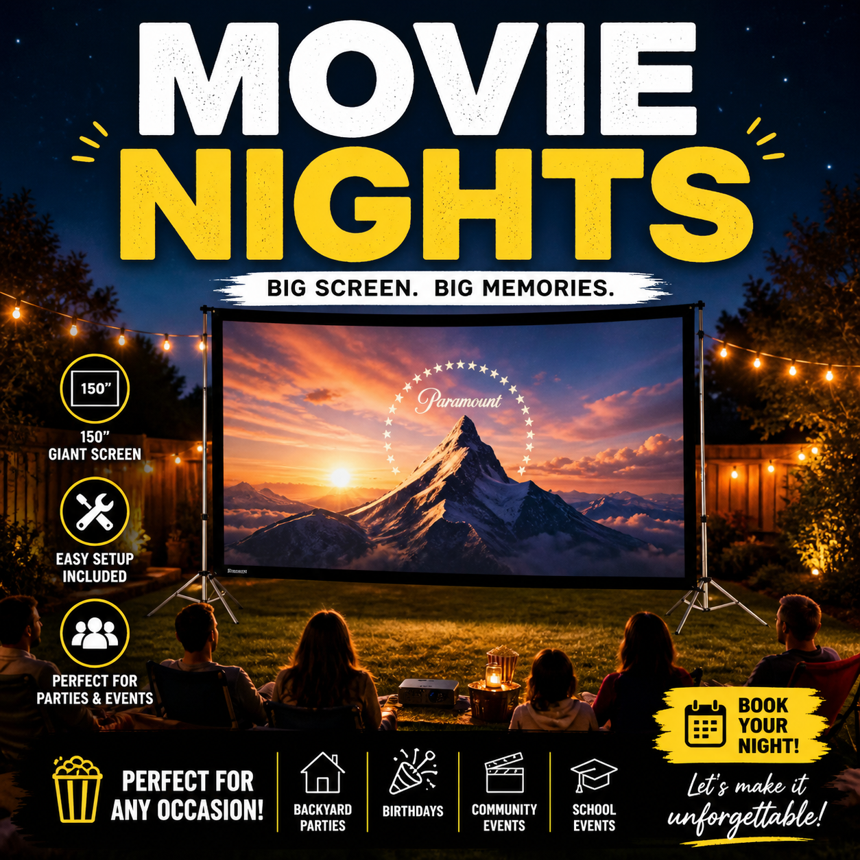 Outdoor Movie Night Rentals with Giant Screen Setup – Backyard Cinema, Parties & Private Events  Host unforgettable outdoor movie nights with our large-format projection screens, crystal-clear visuals, and full-service setup. Perfect for backyard parties, birthdays, and private events with professional audio and easy booking.