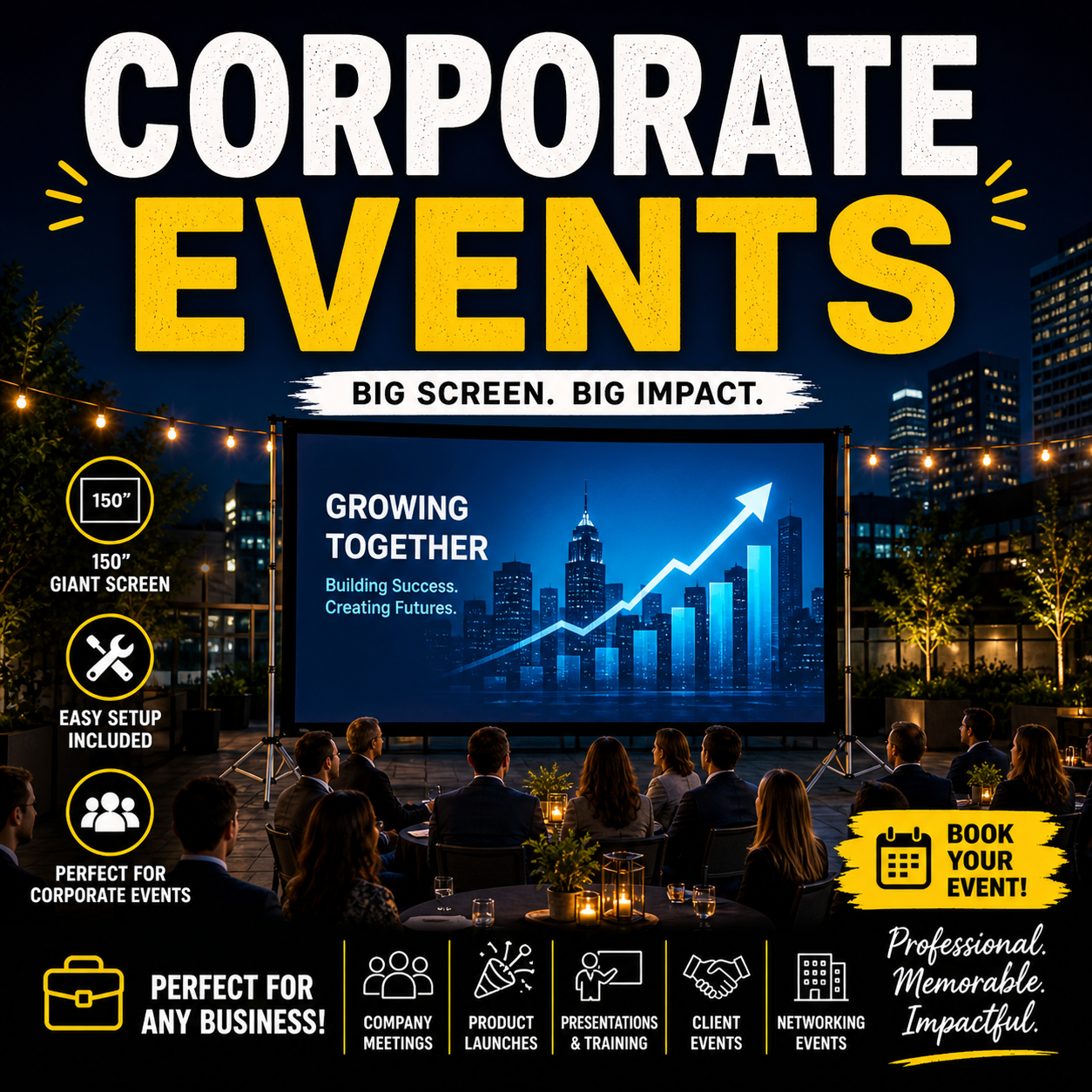 Outdoor Video Projection for Corporate Events – Large Screens for Presentations, Meetings & Brand Experiences  Elevate your corporate events with high-quality outdoor projection systems designed for presentations, product launches, and team gatherings. We provide full-service setup, powerful audio, and large-scale displays that deliver real impact.