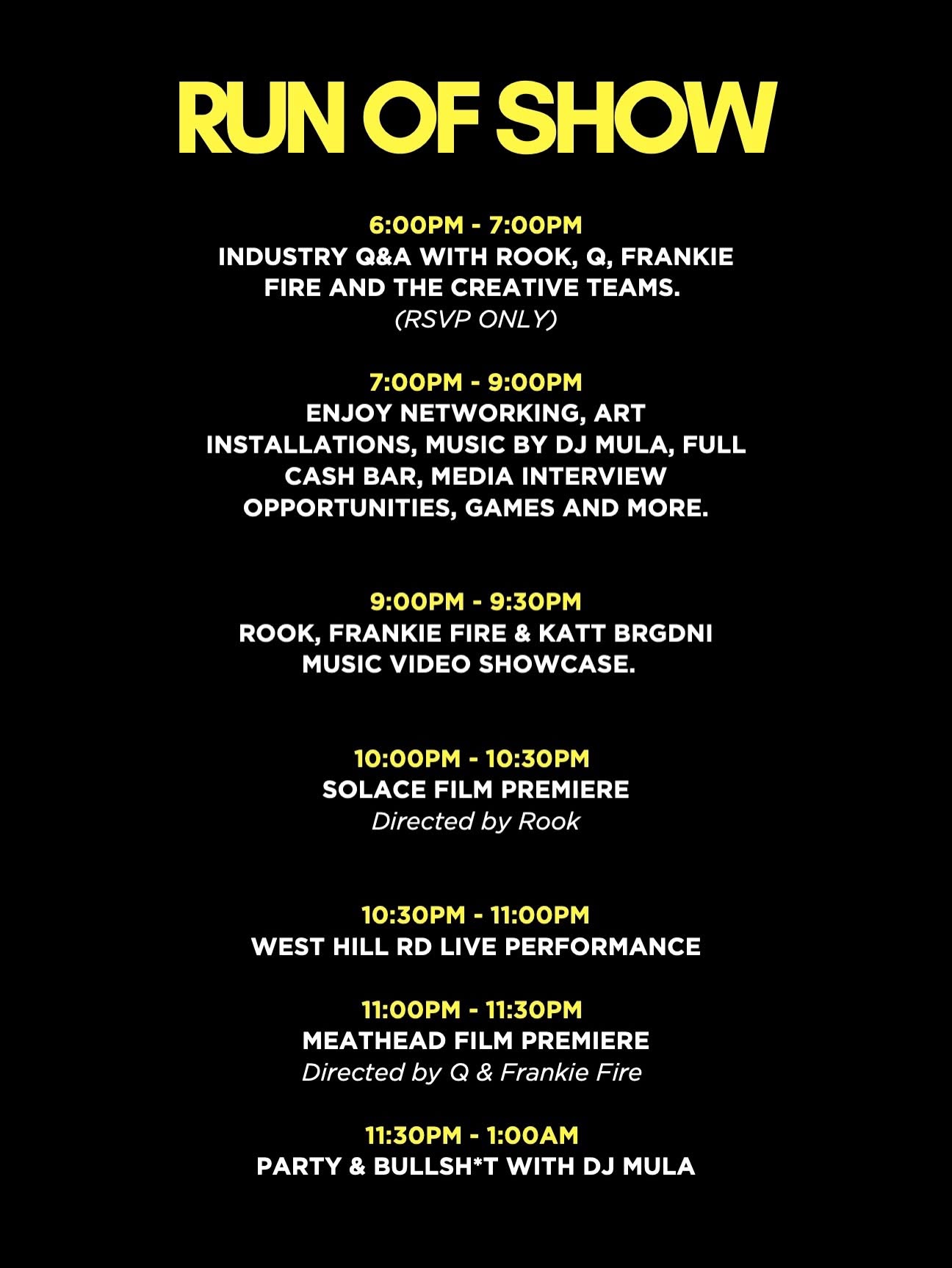 The Screening Party official run of show graphic